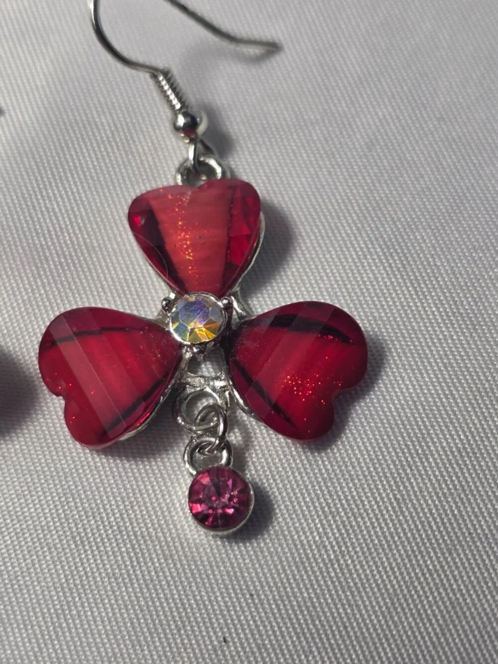 Red Floral Silver Tone Dangle Earrings with a Pink Dangle Charm French Wire